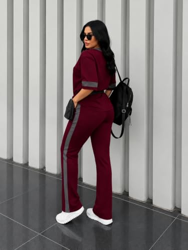 Image of Tracksuit for Women | Casual Brown Loungewear 2 Piece Set | Short Sleeve T Shirt and Wide Leg Pants with Side Stripes | Sports Jogging Co ord Matching Sweatsuit(40-N-1-4)