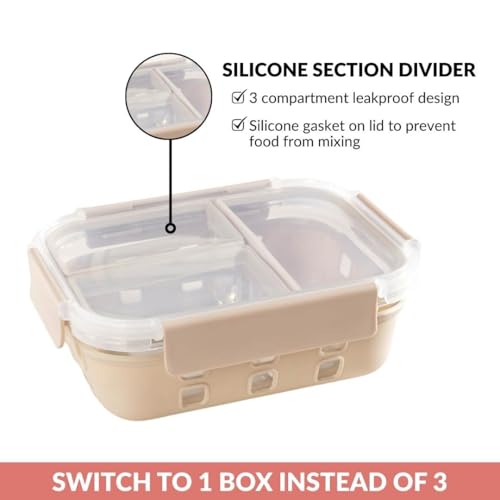 Image of Nestasia Glass Lunch Box with Silicone Sleeve (1000ml) - Borosilicate Glass Lunch Box with 3 Compartments for Office | Microwave & Freezer Safe, Leak-Proof Tiffin Box with Clip Locks (Beige)