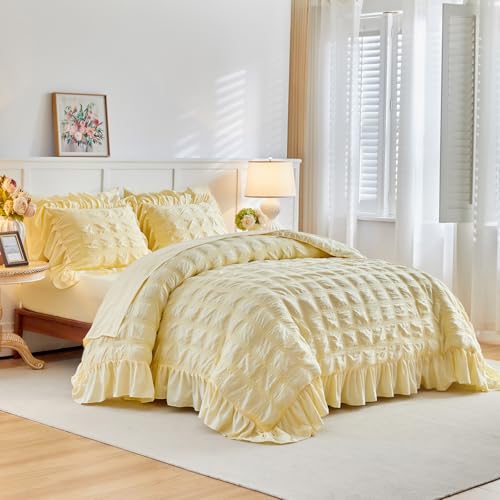 Flysheep Yellow Plaid Seersucker Duvet Cover Set with Wide Ruffled