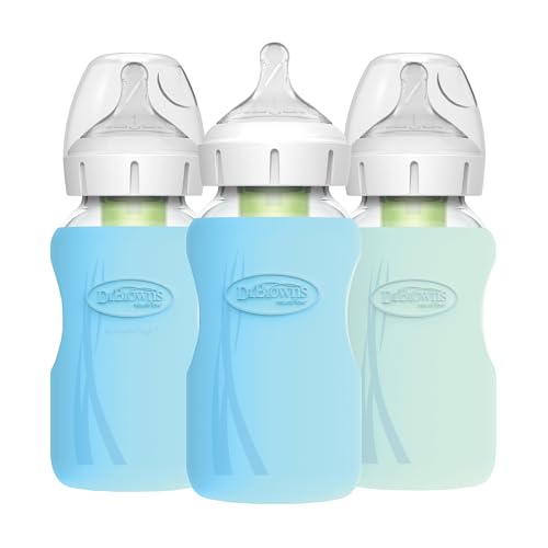 Image of Dr. Brown's Natural Flow Anti-Colic Options+ Wide-Neck Glass Baby Bottles 9 oz/270 mL with Level 1 Slow Flow Nipple, 3 Pack with Blue & Mint 100% Silicone Sleeves, 0m+