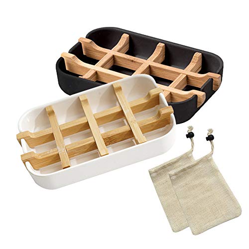 Gobesty Jabonera de Bamb, Jabonera de Madera de Bamb Natural con 2 Bolsas de Jabn con Cordones Jabonera Premium Jabonera Natural Jabonera Bandeja Colectora de Fibra de Bamb