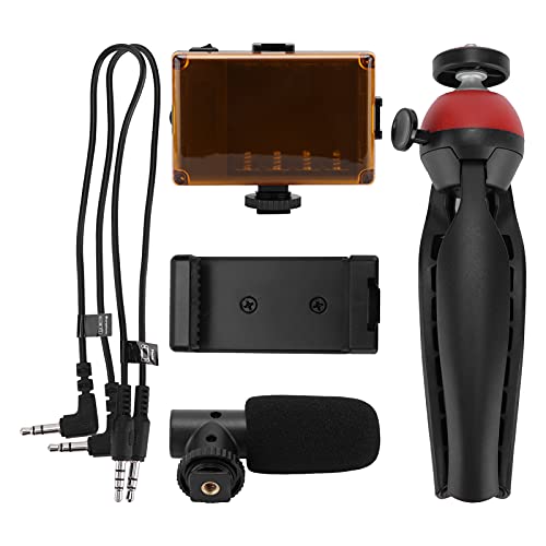 Kit portátil de grabación de Video en Vivo, Set de fotografía para teléfono móvil con luz de Relleno, micrófono, trípode y Soporte para teléfono, Ideal para vlogging, Streaming en (Roja)