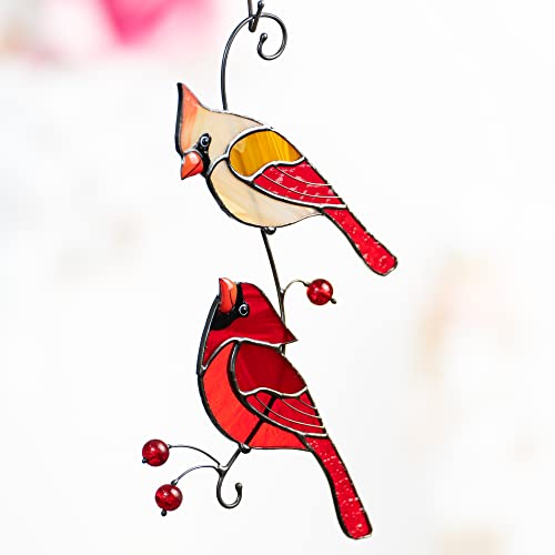 Red Northern Cardinal Birds Stained Glass Suncatcher Genuine Stained Glass Window Hangings Unique Indoor Ornament & Outdoor Decor (STYLE 2)