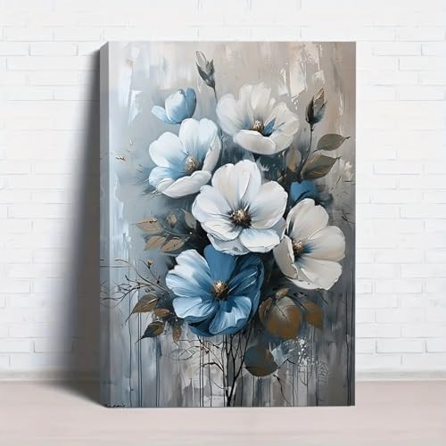 Affiche sur toile fleurs bleues et blanches décoration salon 30x45 cm avec cadre