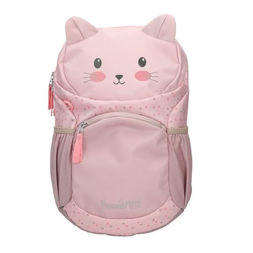 Depesche 13992 Princess Mimi - Sac à dos ergonomique rose, avec visage de chat, oreilles de chat appliquées et motif à pois, sac avec bretelles réglables
