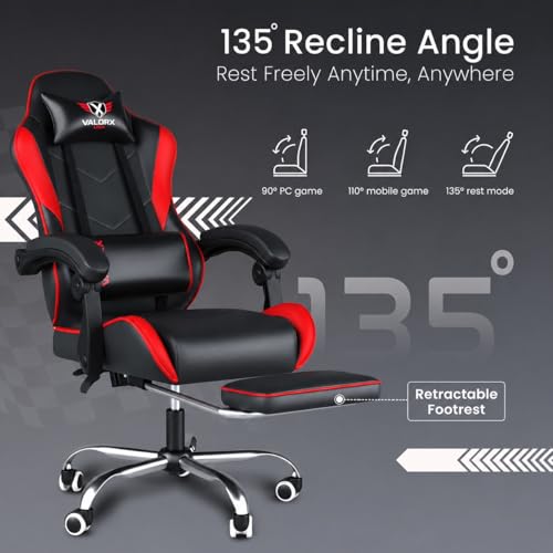 Image of ValorX USA Vector 2026 Edition I Ergonomic Gaming & Computer Chair in PU Leather | Dual Massager Back Cushion | Adjustable Neck & Lumbar Support | Ergo-Sync Armrests | Retractable Footrest (Red)