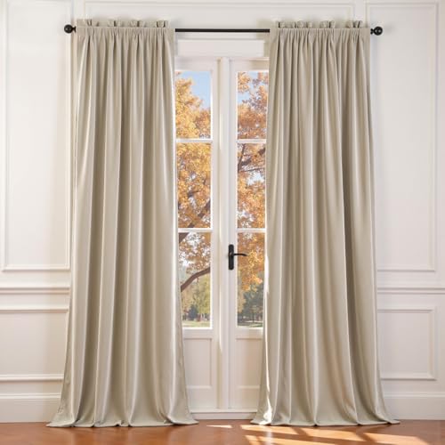 Lazzzy Beige Velvet Curtains 84 Inches Long Thermal Insulated Drapes for Living Room Bedroom Room Darkening Window Treatments Light Reducing Super Soft Luxury Rod Pocket 2 Panels Cream Beige