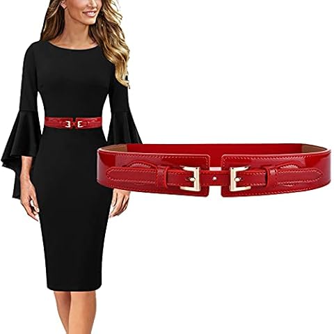 Longwu Elegant Skinny Patent Leather Belts Waistband Slim Waist Women Belt with Golden Alloy Square Buckle, Fashion Elastic Belt for Dresses Suit Jeans Jumpsuit Coat Waist Tunic Seal Decoration Cover