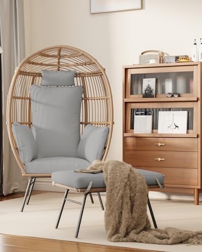Big Egg Chair with 4 Comfy Cushions, Oversize Wicker Egg Shaped Lounger with Ottoman, Rattan Reading Chairs for Indoor Outdoor Patio Porch Backyard, Grey