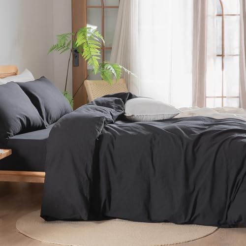 Image of BESTOUCH Cotton Solid Duvet Cover Set Linen Feel Deep Black Oversized Full | 100% Washed Cotton, Soft Wrinkle Texture, Hidden Zipper, 8 Ties, Breathable Lightweight Durable Comfy, 3 Pcs No Insert