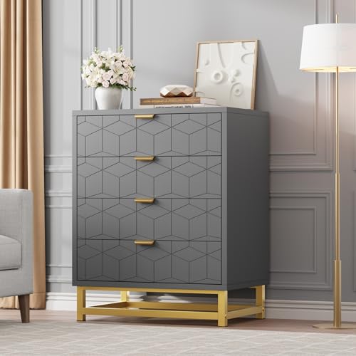 Grey Dresser, 4 Drawer Dresser for Bedroom, Modern Dressers with Gold Metal Handles for Living Room, Hallway, Entryway