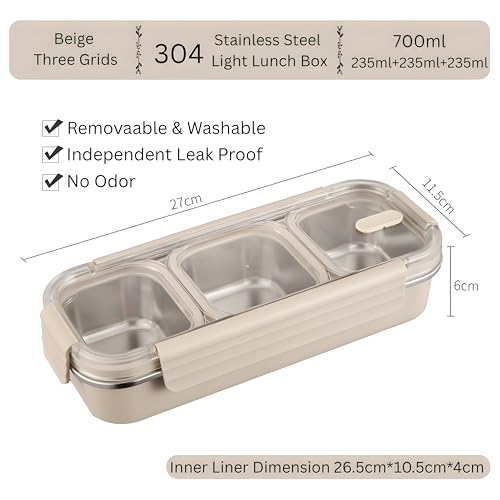 Image of Stainless Steel Lunch Box 3 Compartment 700ml, Leakproof Airtight Bento Box for Office School Kids Adults | 304 Steel Tiffin Box, Microwave Safe Food Container, Durable Lunch Carrier for Men Women