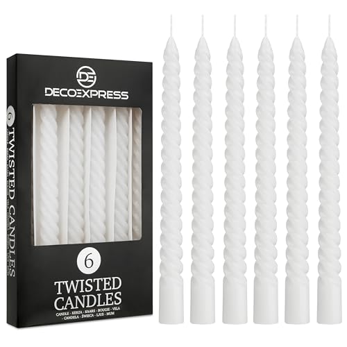 DECO EXPRESS Stabkerzen Set 3er oder 6er Tropffreie Stabkerzen Gedrehte Spiralkerzen Bunte Kerzen Brenndauer 6 Stunden Unparfümiert (Weiß, 6er-Pack)