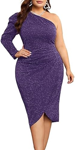 KIMCURVY Women's Plus Size Formal Dress Glitter Cocktail One Shoulder Dresses Ruched Wrap Sparkly Party Midi Bodycon Dress
