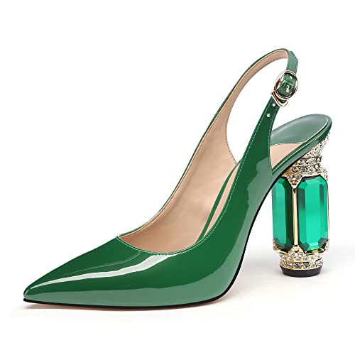 Image of JANSEVEN Women Chunky Heels Pumps Crystal Block Heels with Rhinestones Pointed Toe Sexy Gradient Patent Leather Slip on Bridal Party Wedding Dress Shoes 5-13 M US