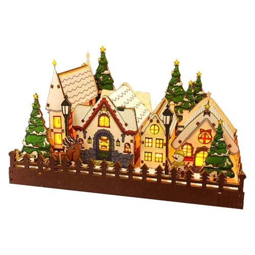 Villaggio di Natale a LED Casa di Natale in legno Decorazione del villaggio spento Figure di paesaggio invernale Display natalizio da tavolo Decorazioni a LED in legno Decorazioni per villaggi di vaca