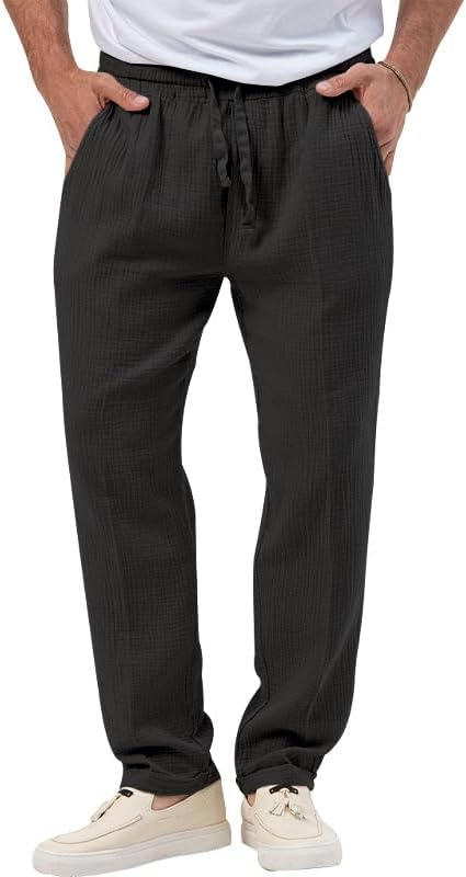 WilliamcardinMen's Casual Linen Pants Summer Beach Loose Fit Drawstring Trousers with Pockets Straight-Legs Elastic Waist Beach Yoga Long Pants Fashion Classic Lightweight Breathable Pants Work Daily Wear Pants