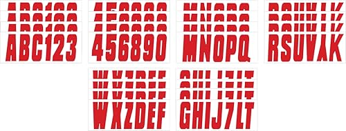 Image of Hardline Products USA Series 350 Boat, Pontoon, Center Console & PWC Registration Number Kit, 3-Inch Solid Red Lettering, USCG Approved, 4 Sets A-Z & 0-9 (146 Decals)