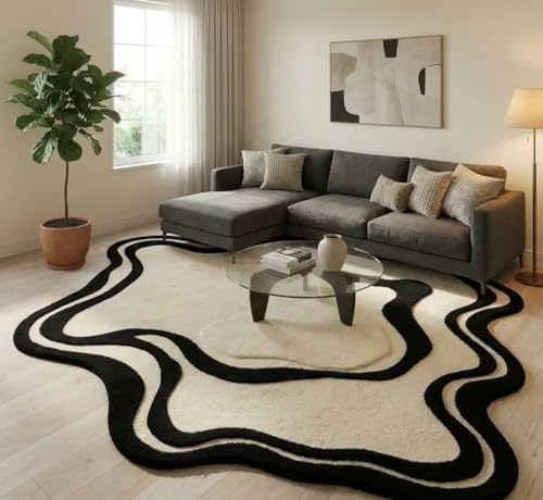Image of Hand Tufted Wool Rug 6x8 Ft - Modern Irregular Shape Aesthetic Carpet, 1 Inch Thick Pile, Anti-Skid Backing, Soft Handmade Woolen Area Rug for Living Room, Bedroom, Hall Decor