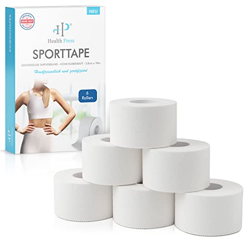 Health Press® Sport Tape   6 Rollos (3,8 cm x 10 m) | Cinta Deportiva Profesional Reforzada   Cinta Blanca para Articulaciones, Músculos y Ligamentos | Cinta Atlética Médica para Todos los Deportes