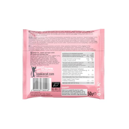 Kookie Cat Vanille Schokochip - Vegane Cookies Einzeln Verpackt, Glutenfrei, Sojafrei, Bio, Cashew & Hafer - 12 X 50g Multipack