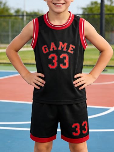 Image of 2 or 6 Piece Kids Boys Basketball Jersey Set Youth Letters Printed Lightweight Basketball Tank Top and Track Shorts