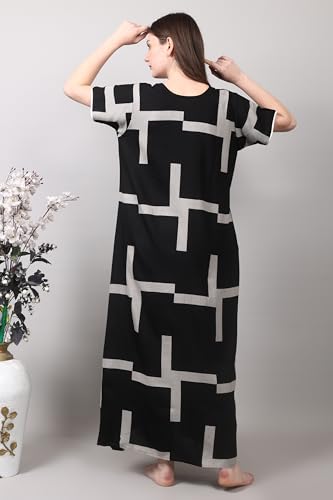 Image of Women's Nightgown | Wine Color with Abstract Geometric Print | Embroidered Neck Sleepwear | Premium Lounge Gown
