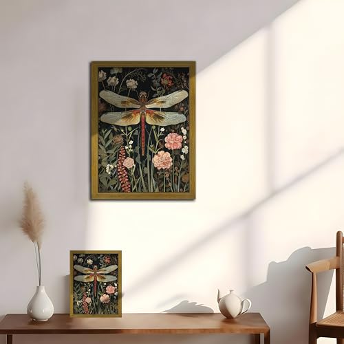 Framed Hand Drawn Sandstone Dragonfly Wall Art, Vintage 3D Textured Nature Botanical Wall Decor Pictures, Pink Flowers Print Painting for Living Room Kitchen Home Decor 16x24inch by Yaneiro - Used condition - Image 6