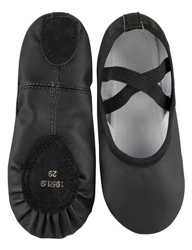 LingTing Black Dance Shoes Ballet Flats for Boys Black Ballerina Slippers with Elastic Laces