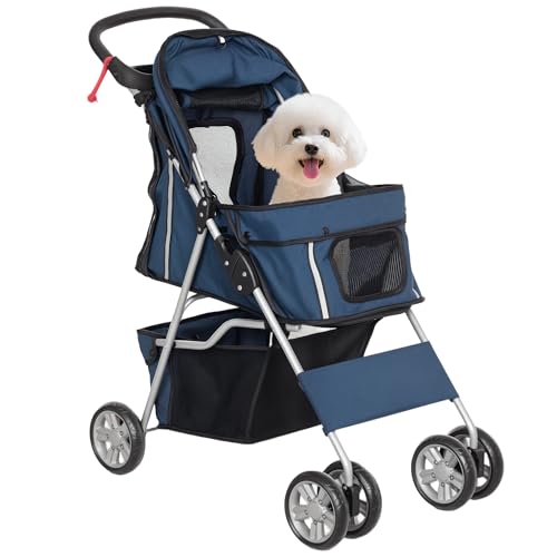 PawHut Carrito para Perros Plegable Cochecito para Mascotas Carrito para Perros Pequeños con Toldo Ajustable Cesta Ventanas de Malla Portavasos y Ruedas Carga 15 kg 75x45x97 cm Azul Oscuro