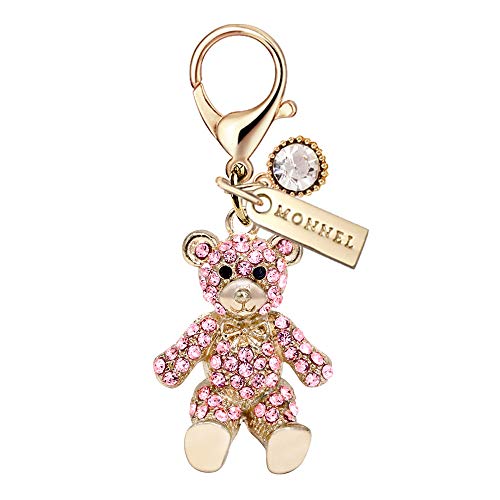 Monnel MC151 Adorable Crystal Teddy Bear Lobster Clasp Charm Pendant with Velvet Bag (Pink 1 piece)