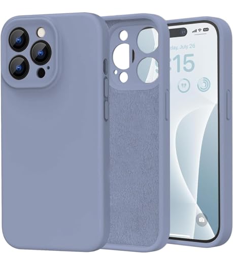 Image of DIZORO Compatible for iPhone 15 PRO Camera Protection Case 6.1, Slim Liquid Silicone 3 Layers Full Covered Soft Gel Rubber Phone Case Protective Cover 6.1 Inch - Lavender Grey.