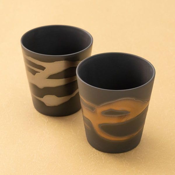 Made in Japan Ceramic Rock Cup Pair – 2×12oz Gold & Silver Swirl Design by Shigemichi Tabata | Handcrafted, Dishwasher Safe | Wooden Gift Boxed | Wedding, Birthday, Holiday Gift