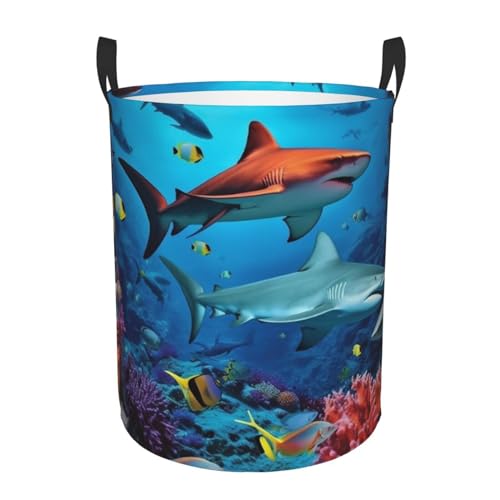 Fish Sharks Coral print Circular Hamper Waterproof Storage Bin Organizer Basket Laundry Hamper With Handles For Clothes Toys Small