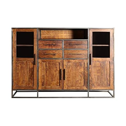 SAM Highboard Oklahoma 2 by Wolf Möbel, Akazienholz massiv & nougatfarben, Hochschrank mit je 4 Türen & Schubfächern, Gestell & Rahmen aus Metall Cover
