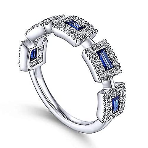 925 Sterling Silver Plated Emerald Shaped Simulated Blue Sapphire Wedding Band Ring for Women