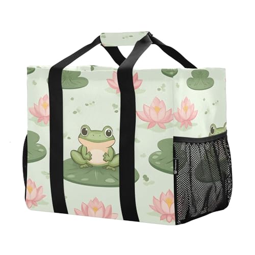 Large Waterproof Travel Tote Bag for Women Men, Summer Frog Lotus Flowers Canvas Beach Bag with Lining & Pockets - Reusable Grocery/Laundry/Kitchen/Pool/Picnic Tote (15.4x9.8x12.8in)2