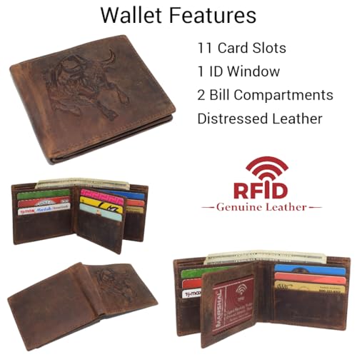 MARSHAL Men's Western Rodeo Wallet – Vintage Leather Bifold with Bull Design, RFID Blocking, and Classic Cowboy Style (Brown)2