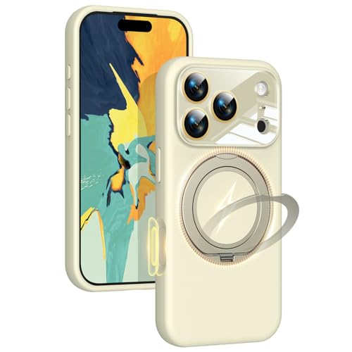 Image of Silicone 360 Spin Magnetic Stand Case for iPhone 17 Pro, [Compatible with Mag-Safe][Reinforced Hard Camera Protection] Liquid Silicone Rubber Phone Case Cover with Ring, Camera Button, Ivory