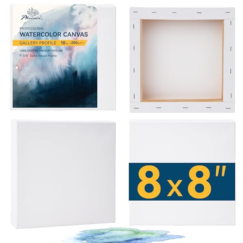 PHOENIX Gallery Depth Watercolor Canvas - 8x8 Inch/4 Pack 1.5 in Deep 100% Cotton Water Color Square Canvases for Painting 260g Medium Texture Canvas for Water Based Paints