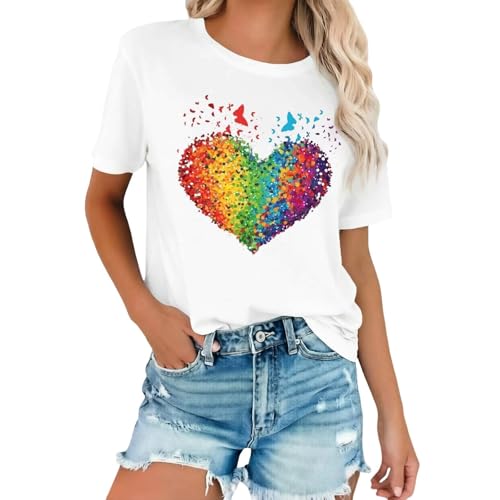 Women's Rainbow Strifen T-Shirt Crew Neck Colourful Print Sweatshirt Vintage Tee Shirt Summer Top Tee Tops Summer T-Shirt Outdoor Streetwear Breathable Sweatshirt Short Sleeve Top, Q White, M