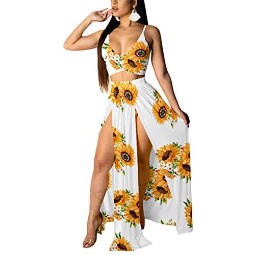 Women Sexy 2 Piece Outfits Dress Chiffon Strap Deep V Neck Bra Crop Top High Split Maxi Dresses Skirt Set