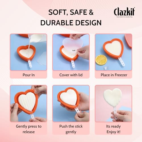Image of Clazkit Ice Candy Maker | Silicone Popsicle Molds Ice Pop Makers Reusable Ice Lolly Cream Mold Home-Made Heart Shape Easy Release Popsicles Mould Lid with Stick. (4Psc Multicolor)