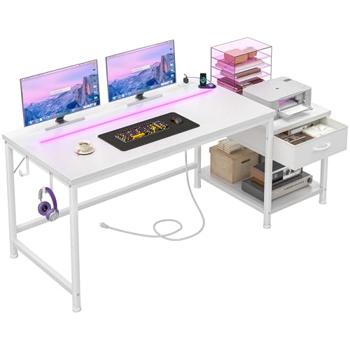 Image of DurayLoly 56 Inch White Computer Desk with Printer Shelf, Power Outlet & LED Lights, Reversible Office Desk with Drawers & Hooks for Headphone, Bags for Bedroom,Dorm,Teens Study Room,White