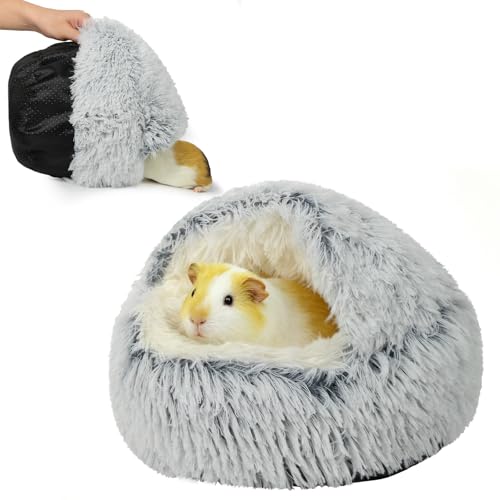 Soothing Guinea Pig Hideout, Doughnut Guinea Pig Bed with Hooded Cover, Washable Hamster Rabbit Bunny Bed, Washable Round Cave Beds for Small Animal Bunny Rabbit Hideout (Grey)