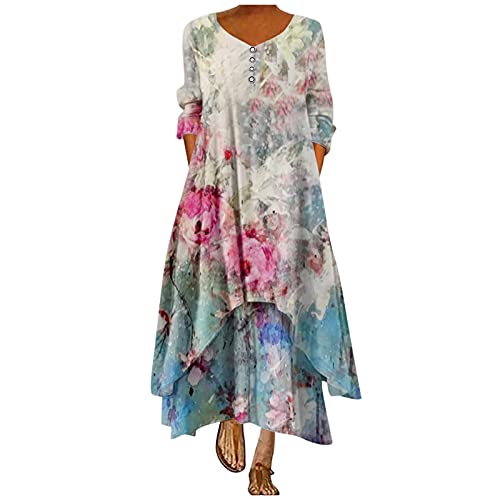 OutTop01 Women Plus Size Floral Dress Trendy Button Down Loose Long Sleeve Maxi Dresses Oversized Boho Summer Dress (03-Sky Blue, XXL)