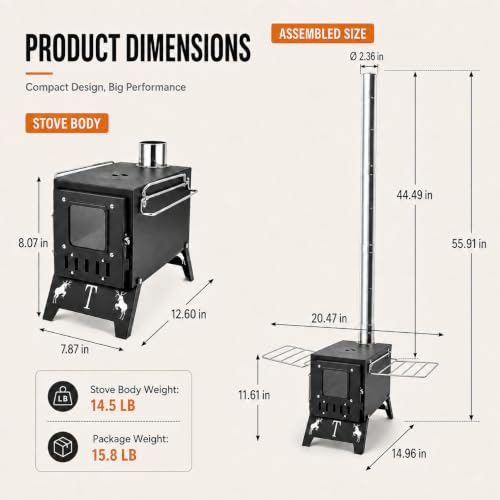 Hot Tent Stove, Portable Wood Burning Stove with Chimney for Tent Camping - Image 2