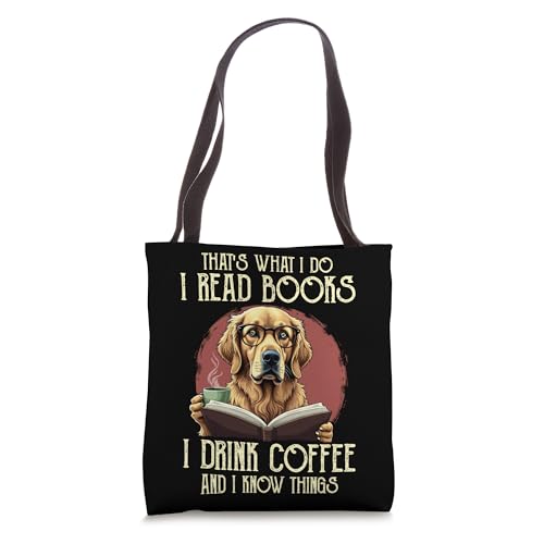 Bolso tipo tote con diseño de golden retriever, libros y café: 'I read books and I know things' miniatura 1