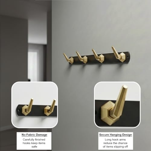 Image of Modern Design Cloth Hanger for Wall /4 Hook Dress Hanger for Door Mount /Bathroom Hooks for Hanging (Black & Gold Finish) Pack of 3-| 3 Years Warranty |