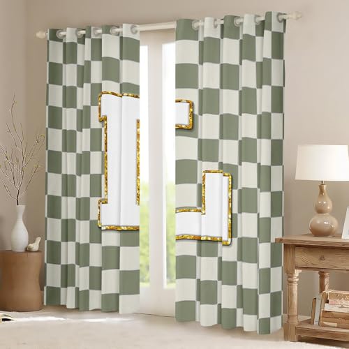 Image of Erosebridal Sage Green Checkered Window Curtains 42 inch Wx90 L Plaid Initial L Blackout Curtains for Bedroom Living Room,Personalized Monogram Window Treatments Grids Gingham Drapes Decor 2 Panels